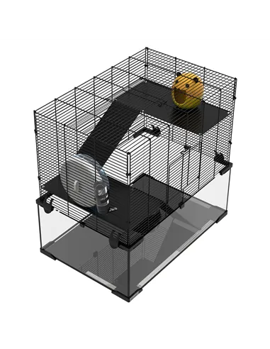 PawHut 3 Tiers Hamster Cage, Gerbil Cage with Deep Glass Bottom, Non-Slip Ramps, Platforms, Hut, Exercise Wheels, Water Bottle, 