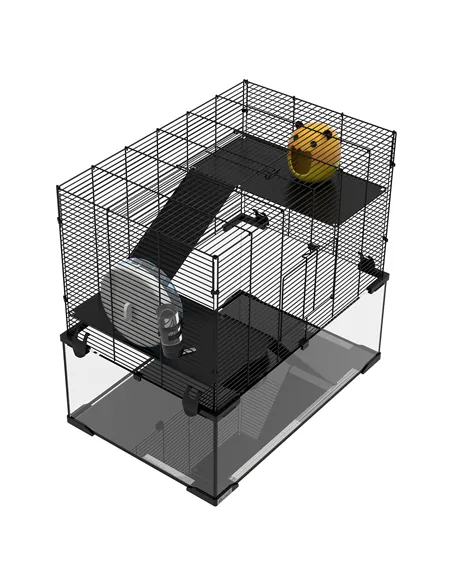 PawHut 3 Tiers Hamster Cage, Gerbil Cage with Deep Glass Bottom, Non-Slip Ramps, Platforms, Hut, Exercise Wheels, Water Bottle, 