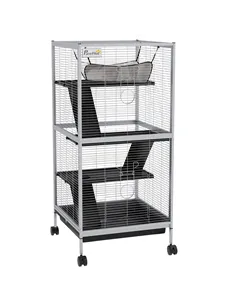 PawHut Small Animal Cage Pet Play House with Wheels Platforms Light Grey