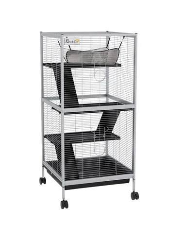 PawHut Small Animal Cage Pet Play House with Wheels Platforms Light Grey