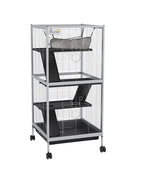 PawHut Small Animal Cage Pet Play House with Wheels Platforms Light Grey