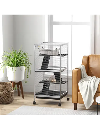 PawHut Small Animal Cage Pet Play House with Wheels Platforms Light Grey