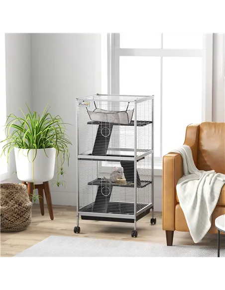 PawHut Small Animal Cage Pet Play House with Wheels Platforms Light Grey