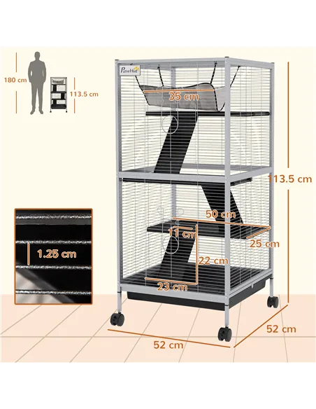 PawHut Small Animal Cage Pet Play House with Wheels Platforms Light Grey