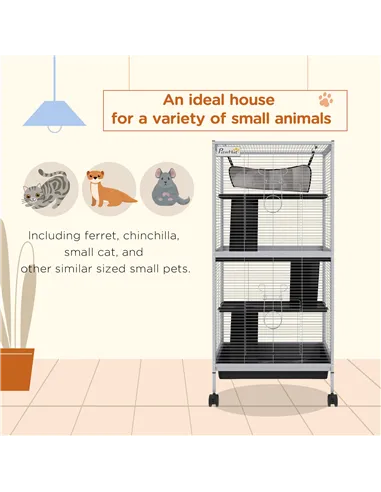 PawHut Small Animal Cage Pet Play House with Wheels Platforms Light Grey