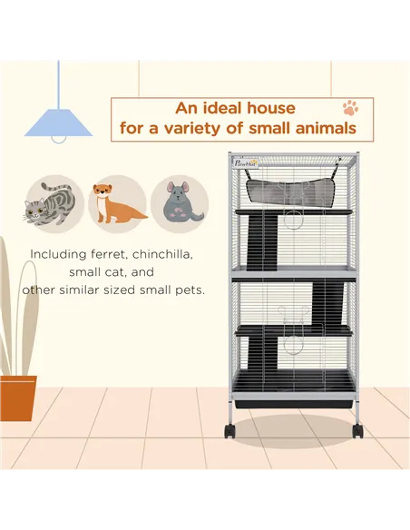 PawHut Small Animal Cage Pet Play House with Wheels Platforms Light Grey