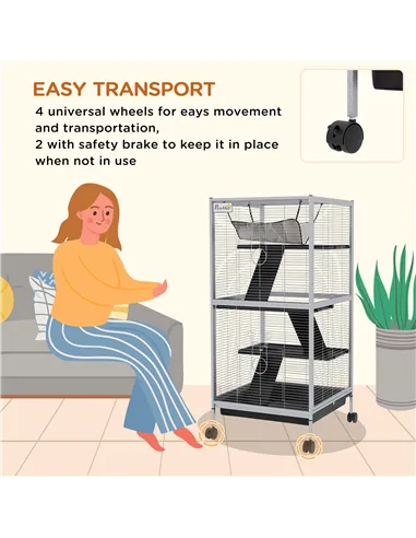 PawHut Small Animal Cage Pet Play House with Wheels Platforms Light Grey