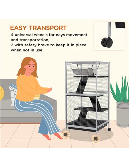 PawHut Small Animal Cage Pet Play House with Wheels Platforms Light Grey