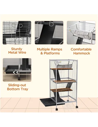 PawHut Small Animal Cage Pet Play House with Wheels Platforms Light Grey