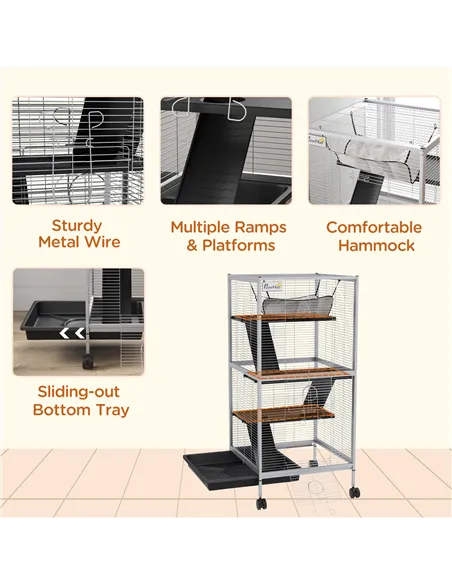 PawHut Small Animal Cage Pet Play House with Wheels Platforms Light Grey