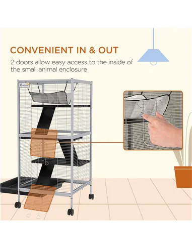 PawHut Small Animal Cage Pet Play House with Wheels Platforms Light Grey