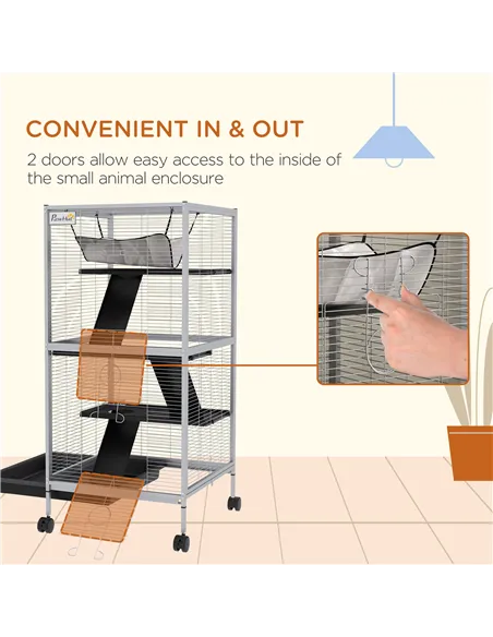 PawHut Small Animal Cage Pet Play House with Wheels Platforms Light Grey