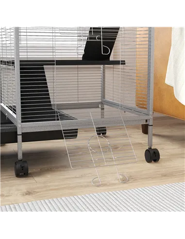 PawHut Small Animal Cage Pet Play House with Wheels Platforms Light Grey