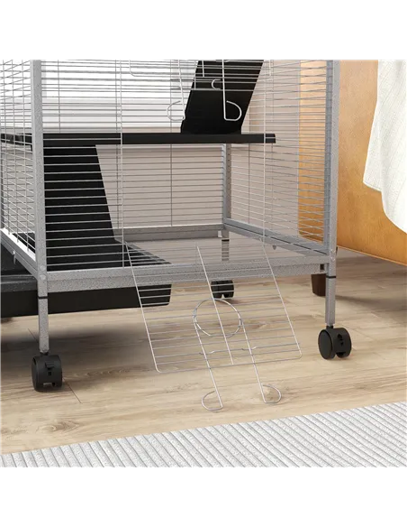 PawHut Small Animal Cage Pet Play House with Wheels Platforms Light Grey