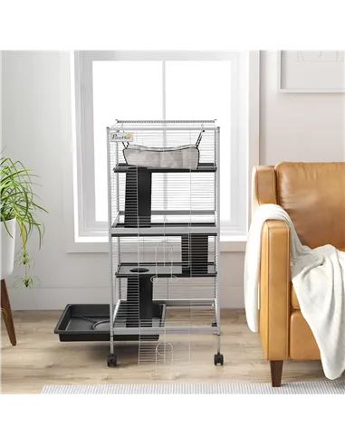 PawHut Small Animal Cage Pet Play House with Wheels Platforms Light Grey