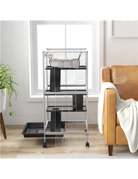 PawHut Small Animal Cage Pet Play House with Wheels Platforms Light Grey