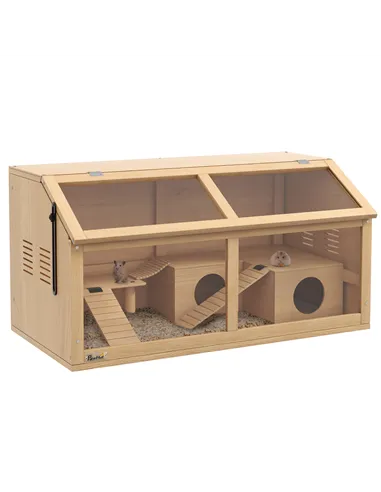 PawHut Hamster Cage, Wooden Small Animal Cage for Gerbils, Mice w/ Suspension Bridge, Openable Top, Hut, 85 x 45 x 44cm Nature