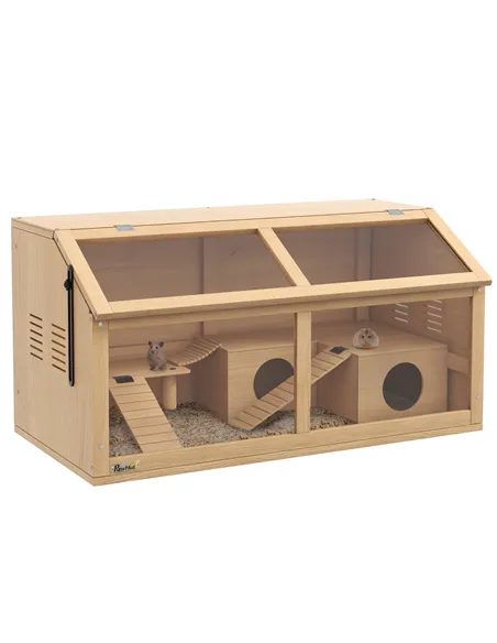 PawHut Hamster Cage, Wooden Small Animal Cage for Gerbils, Mice w/ Suspension Bridge, Openable Top, Hut, 85 x 45 x 44cm Nature