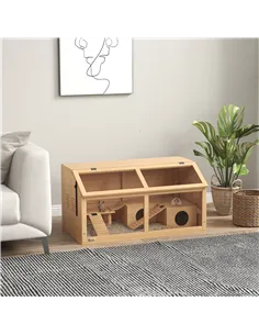 PawHut Hamster Cage, Wooden Small Animal Cage for Gerbils, Mice w/ Suspension Bridge, Openable Top, Hut, 85 x 45 x 44cm Nature 2