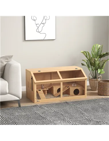 PawHut Hamster Cage, Wooden Small Animal Cage for Gerbils, Mice w/ Suspension Bridge, Openable Top, Hut, 85 x 45 x 44cm Nature