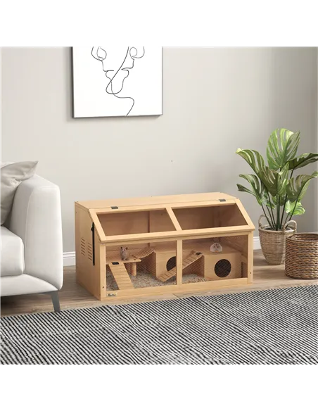 PawHut Hamster Cage, Wooden Small Animal Cage for Gerbils, Mice w/ Suspension Bridge, Openable Top, Hut, 85 x 45 x 44cm Nature