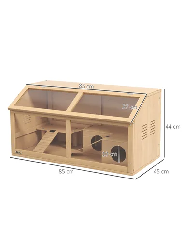 PawHut Hamster Cage, Wooden Small Animal Cage for Gerbils, Mice w/ Suspension Bridge, Openable Top, Hut, 85 x 45 x 44cm Nature