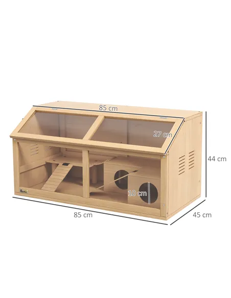 PawHut Hamster Cage, Wooden Small Animal Cage for Gerbils, Mice w/ Suspension Bridge, Openable Top, Hut, 85 x 45 x 44cm Nature