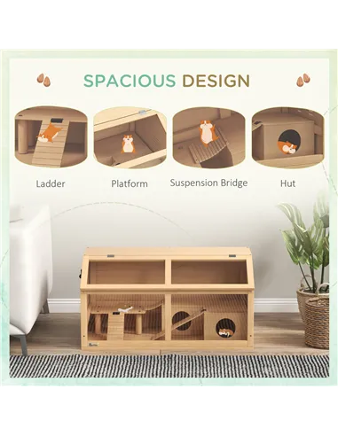 PawHut Hamster Cage, Wooden Small Animal Cage for Gerbils, Mice w/ Suspension Bridge, Openable Top, Hut, 85 x 45 x 44cm Nature