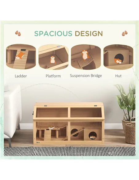 PawHut Hamster Cage, Wooden Small Animal Cage for Gerbils, Mice w/ Suspension Bridge, Openable Top, Hut, 85 x 45 x 44cm Nature