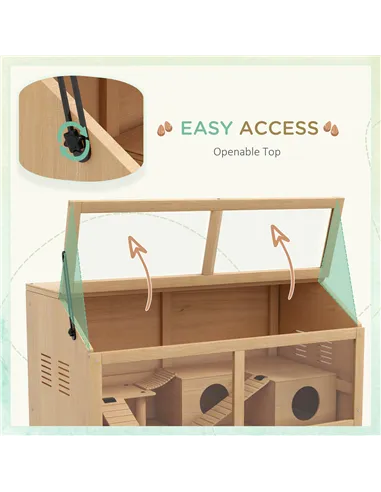 PawHut Hamster Cage, Wooden Small Animal Cage for Gerbils, Mice w/ Suspension Bridge, Openable Top, Hut, 85 x 45 x 44cm Nature