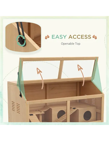 PawHut Hamster Cage, Wooden Small Animal Cage for Gerbils, Mice w/ Suspension Bridge, Openable Top, Hut, 85 x 45 x 44cm Nature