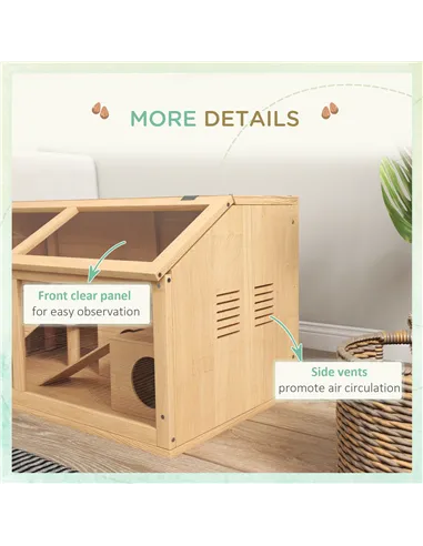 PawHut Hamster Cage, Wooden Small Animal Cage for Gerbils, Mice w/ Suspension Bridge, Openable Top, Hut, 85 x 45 x 44cm Nature