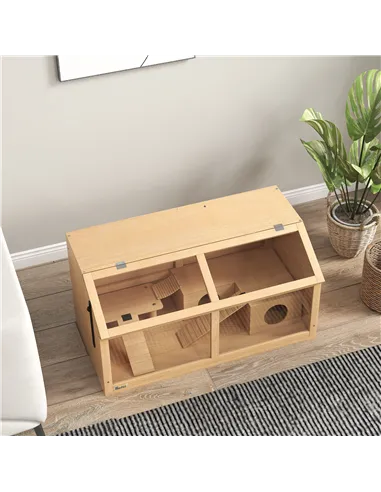 PawHut Hamster Cage, Wooden Small Animal Cage for Gerbils, Mice w/ Suspension Bridge, Openable Top, Hut, 85 x 45 x 44cm Nature