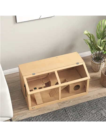 PawHut Hamster Cage, Wooden Small Animal Cage for Gerbils, Mice w/ Suspension Bridge, Openable Top, Hut, 85 x 45 x 44cm Nature