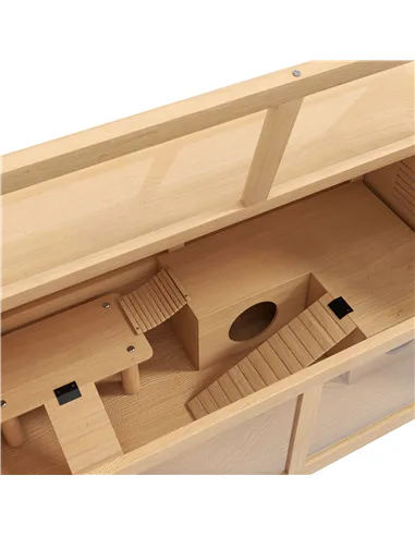 PawHut Hamster Cage, Wooden Small Animal Cage for Gerbils, Mice w/ Suspension Bridge, Openable Top, Hut, 85 x 45 x 44cm Nature