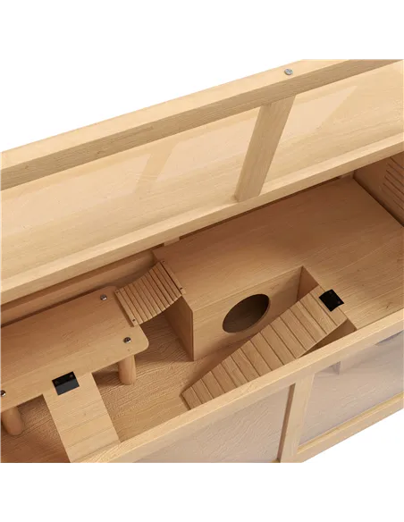 PawHut Hamster Cage, Wooden Small Animal Cage for Gerbils, Mice w/ Suspension Bridge, Openable Top, Hut, 85 x 45 x 44cm Nature