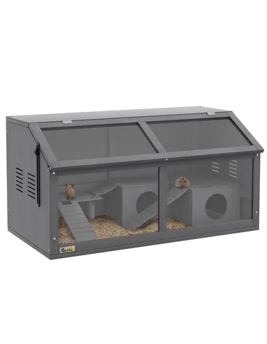 PawHut Hamster Cage, Wooden Small Animal Cage for Gerbils, Mice w/ Suspension Bridge, Openable Top, Hut, 85 x 45 x 44cm - Grey