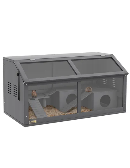 PawHut Hamster Cage, Wooden Small Animal Cage for Gerbils, Mice w/ Suspension Bridge, Openable Top, Hut, 85 x 45 x 44cm - Grey