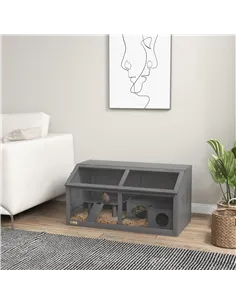 PawHut Hamster Cage, Wooden Small Animal Cage for Gerbils, Mice w/ Suspension Bridge, Openable Top, Hut, 85 x 45 x 44cm - Grey 2