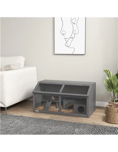 PawHut Hamster Cage, Wooden Small Animal Cage for Gerbils, Mice w/ Suspension Bridge, Openable Top, Hut, 85 x 45 x 44cm - Grey