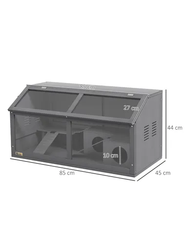 PawHut Hamster Cage, Wooden Small Animal Cage for Gerbils, Mice w/ Suspension Bridge, Openable Top, Hut, 85 x 45 x 44cm - Grey