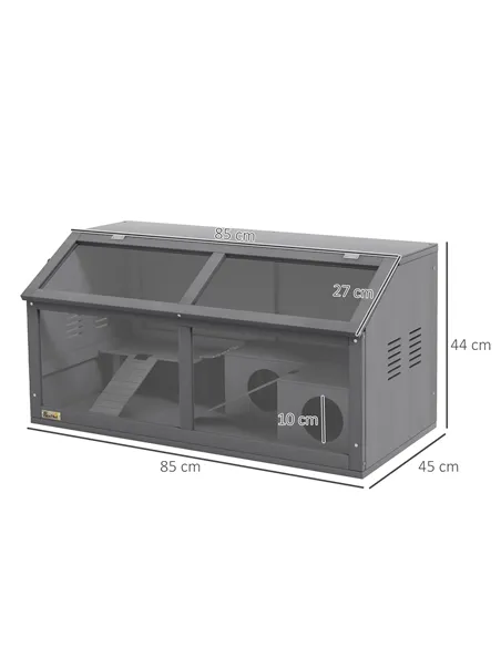 PawHut Hamster Cage, Wooden Small Animal Cage for Gerbils, Mice w/ Suspension Bridge, Openable Top, Hut, 85 x 45 x 44cm - Grey