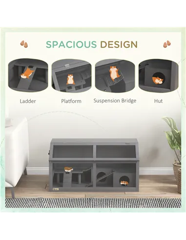 PawHut Hamster Cage, Wooden Small Animal Cage for Gerbils, Mice w/ Suspension Bridge, Openable Top, Hut, 85 x 45 x 44cm - Grey