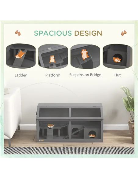 PawHut Hamster Cage, Wooden Small Animal Cage for Gerbils, Mice w/ Suspension Bridge, Openable Top, Hut, 85 x 45 x 44cm - Grey