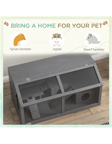 PawHut Hamster Cage, Wooden Small Animal Cage for Gerbils, Mice w/ Suspension Bridge, Openable Top, Hut, 85 x 45 x 44cm - Grey