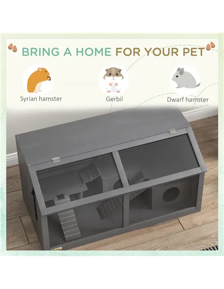 PawHut Hamster Cage, Wooden Small Animal Cage for Gerbils, Mice w/ Suspension Bridge, Openable Top, Hut, 85 x 45 x 44cm - Grey