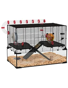 PawHut Gerbil Cage, Dwarf Hamster Cage, with Deep Glass Bottom, Tunnels, Ramps, Hut, Exercise Wheel, 78.5 x 48.5 x 57cm