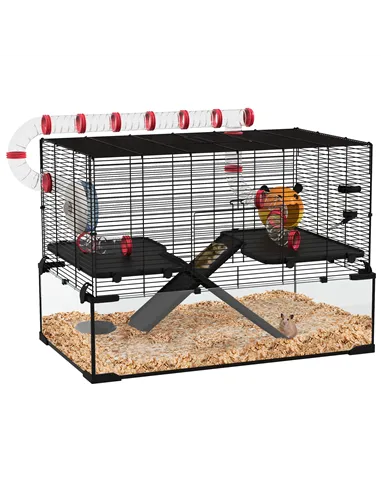 PawHut Gerbil Cage, Dwarf Hamster Cage, with Deep Glass Bottom, Tunnels, Ramps, Hut, Exercise Wheel, 78.5 x 48.5 x 57cm