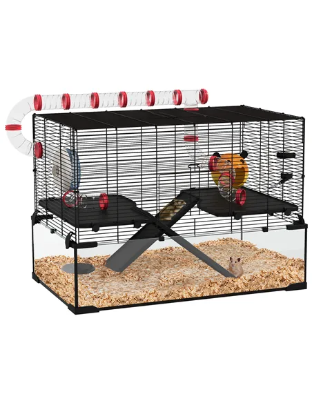 PawHut Gerbil Cage, Dwarf Hamster Cage, with Deep Glass Bottom, Tunnels, Ramps, Hut, Exercise Wheel, 78.5 x 48.5 x 57cm