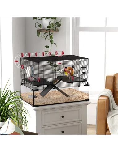 PawHut Gerbil Cage, Dwarf Hamster Cage, with Deep Glass Bottom, Tunnels, Ramps, Hut, Exercise Wheel, 78.5 x 48.5 x 57cm